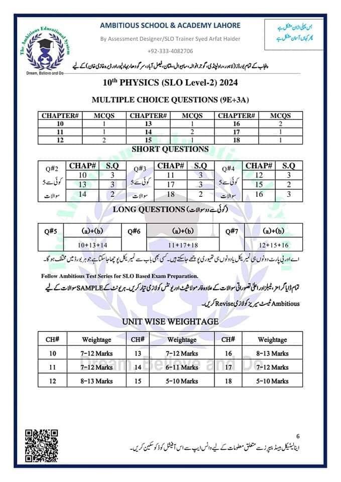 10th Class Physics Pairing Scheme Punjab Board