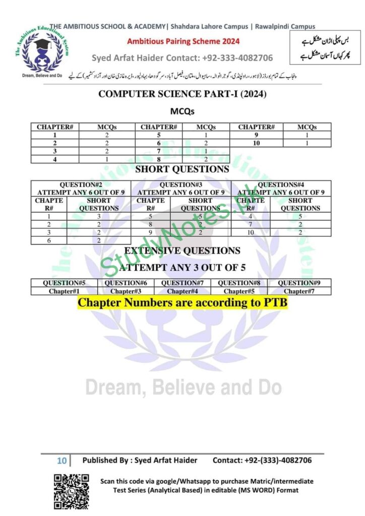 11th Class Computer Pairing Scheme Punjab Board