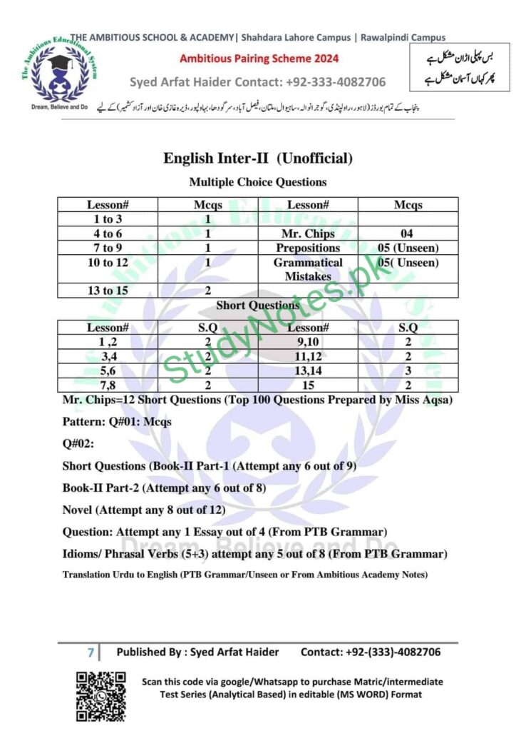 12th Class English Pairing Scheme